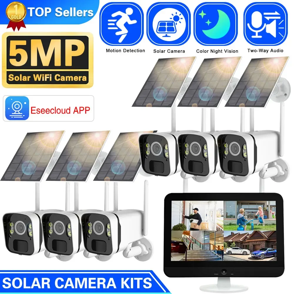 

10CH 5MP NVR Wireless Solar Panel Battery WIFI Camera WiFi NVR Video Surveillance Security System Kit With PIR Detection Monitor