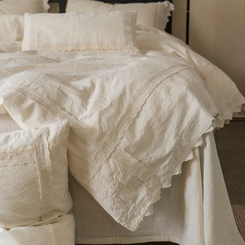 Natural fabric 50%Cotton And %50Linen Soft Bedding Set Vintage Off White Chic Shabby Lace Duvet Cover Flat Bed Sheet Pillowcases