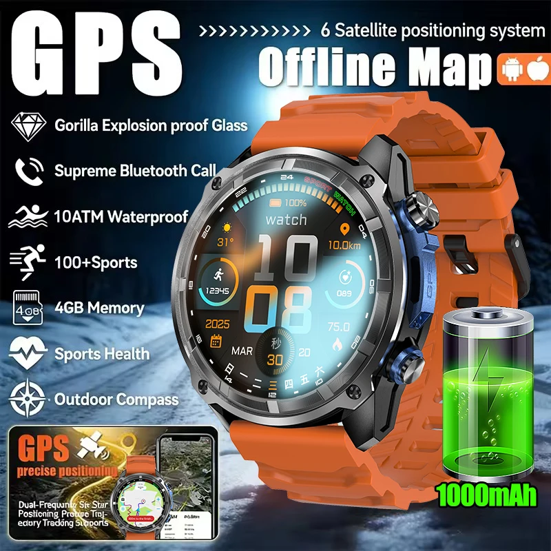 

Новые GPS-смарт-часы для активного отдыха с офлайн-картами, 4 ГБ ОЗУ, аккумулятором 1000 мАч, водонепроницаемостью 10ATM, функцией звонков, для мужчин, спортивные, фитнес-часы