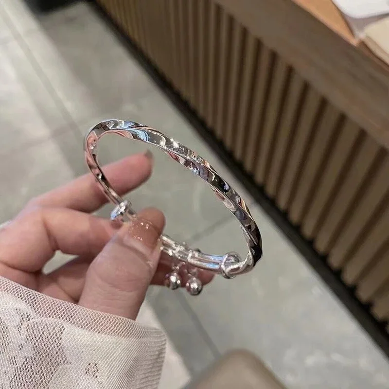 Simple Youthful Style 925 Sterling Silver Push-pull Adjustable Twisted Bell Bangles for Women Korean Jewelry Accessory Colorfast