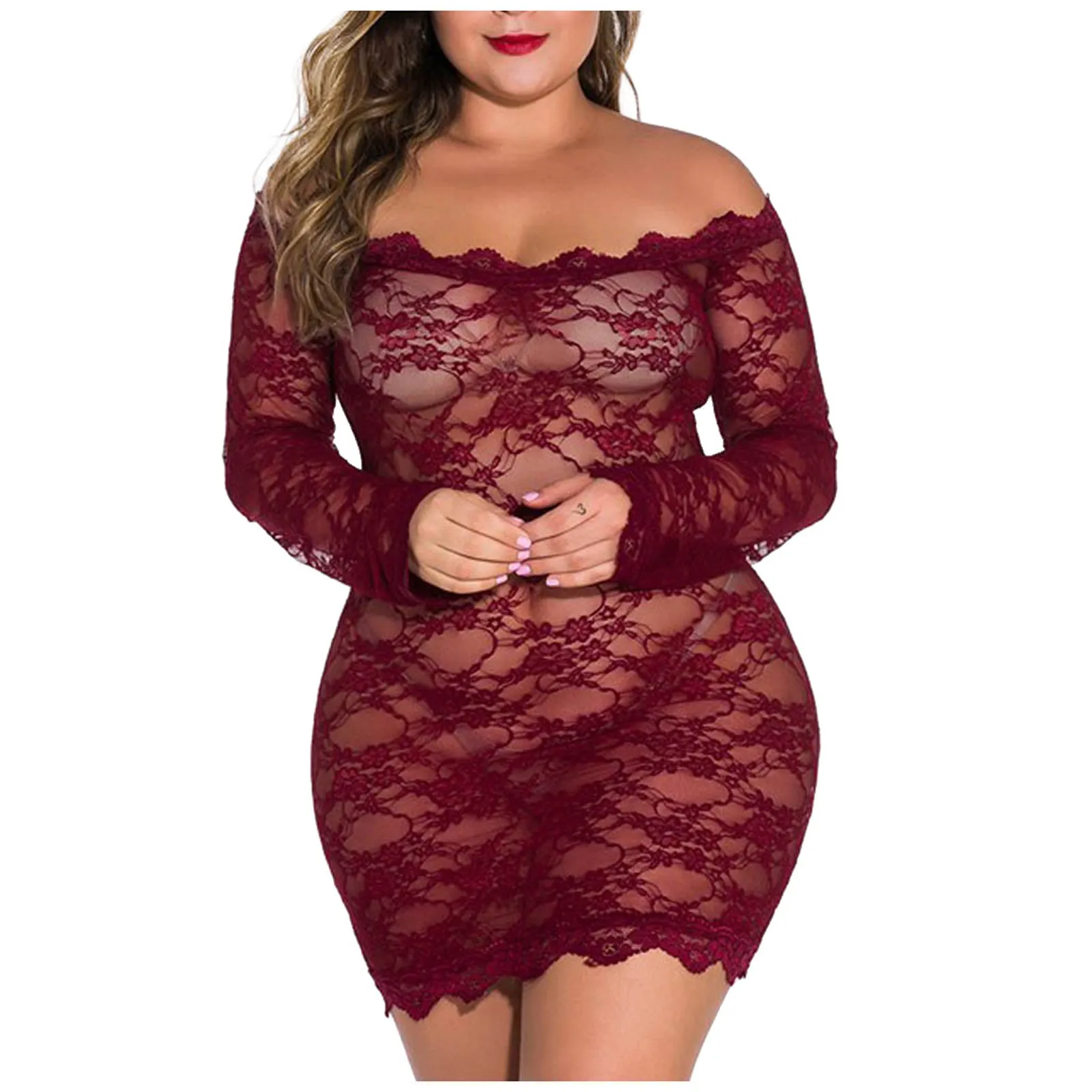 Pigiama sexy con spalle scoperte Moda donna Taglie forti Intimo Lingerie di pizzo Tuta Intimo Pigiama Set Camicia da notte erotica