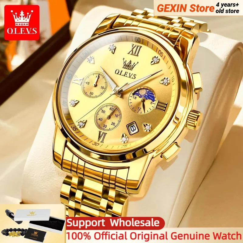 OLEVS 2858 Gold Watch Quartz Watch for Men Moon Phase Chronograph Stainless Steel Strap Waterproof Business Men's Watches