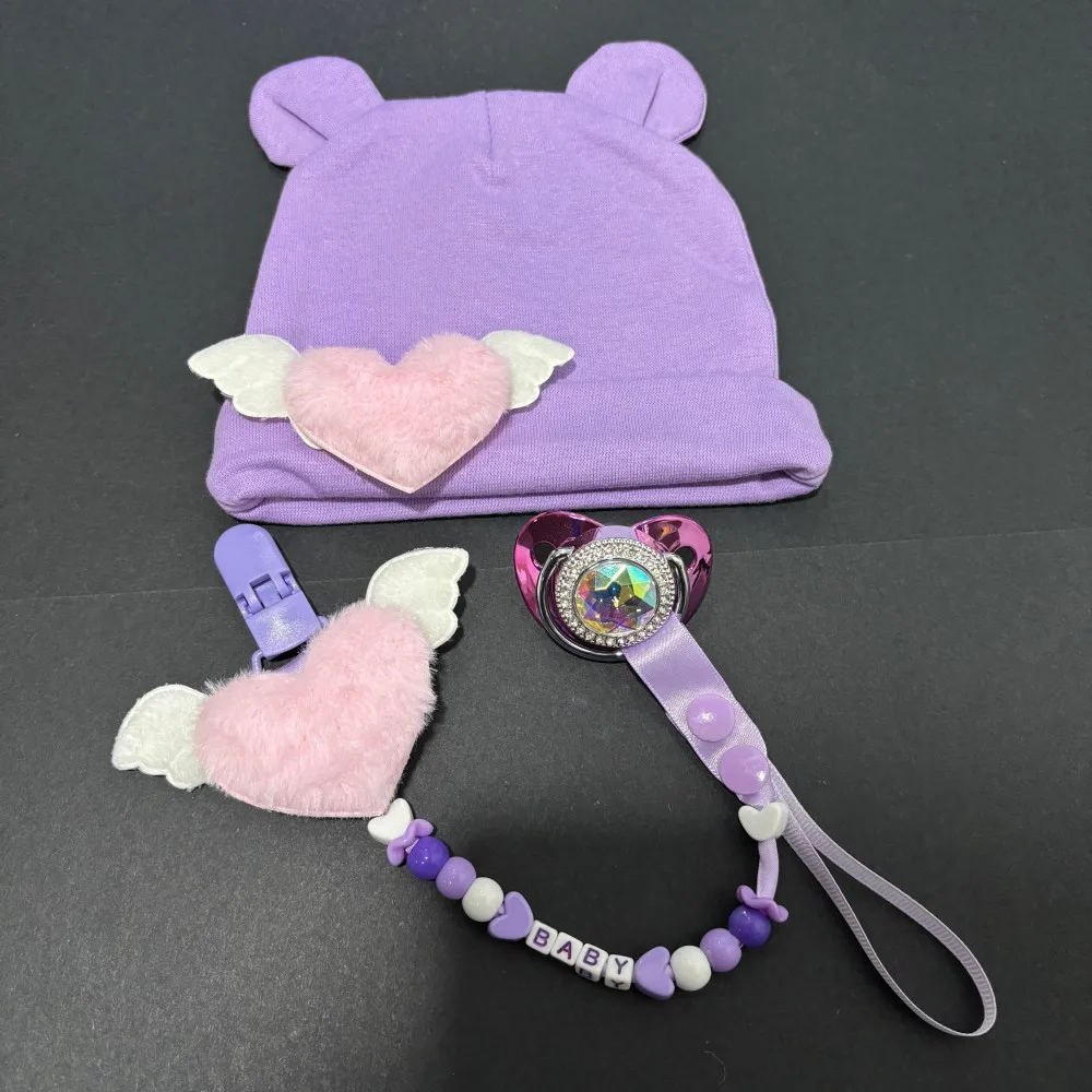 Cartoon Newborn Baby Pacifier with Personalized Clip and Hat Set Soft Silicone Soother BPA Free Cute Animal Knit Cap Stroller