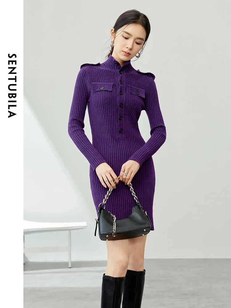 SENTUBILA Half High Collar Straight Long Sleeve Knitted Dress 2024 Spring Fashion Single Breasted Slim Mini Dresses W41L53935X