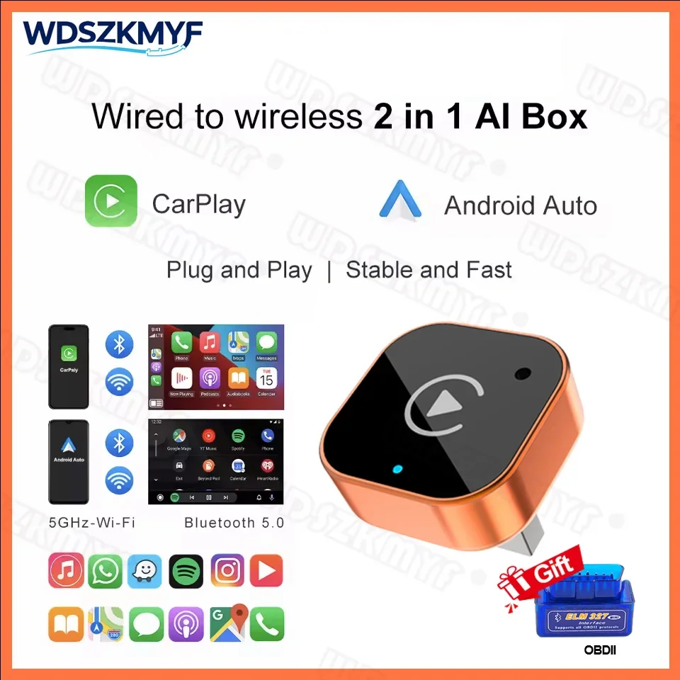 New 2026 2in1 Wireless CarPlay Dongle Wireless Android Auto Android Auto Adapter Bluetooth for VW Audi Volvo Toyota Gift OBDII