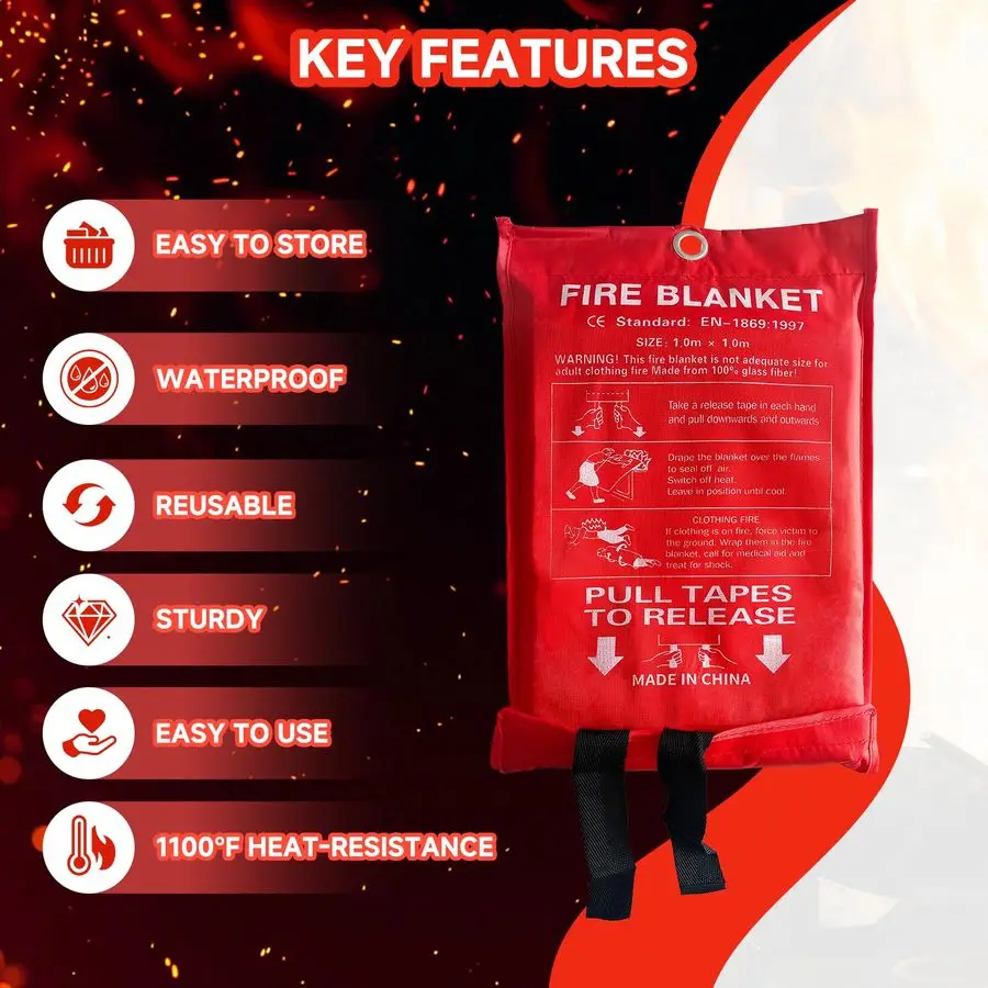 Pacotes Cobertor contra Incêndio 39,37x39,37 Polegadas, 1100 Resistente ao Calor, Cobertor de Supressão de Incêndio de Emergência para Cozinha, Casa, Carro, Acampamento E