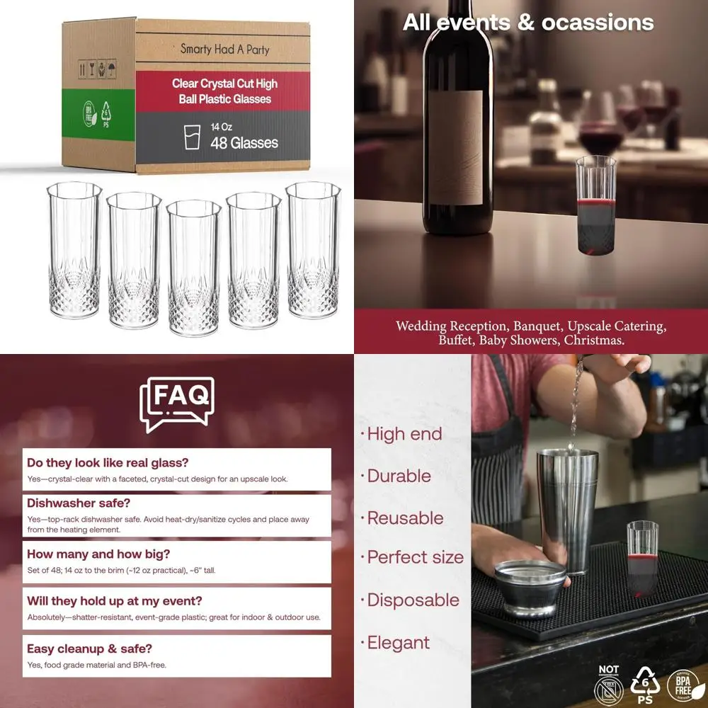 

Одноразовые стаканы Highball на 14 унций — 48 упаковок стаканов Bloody Mary, коктейльные чашки с кристаллами для вечеринок