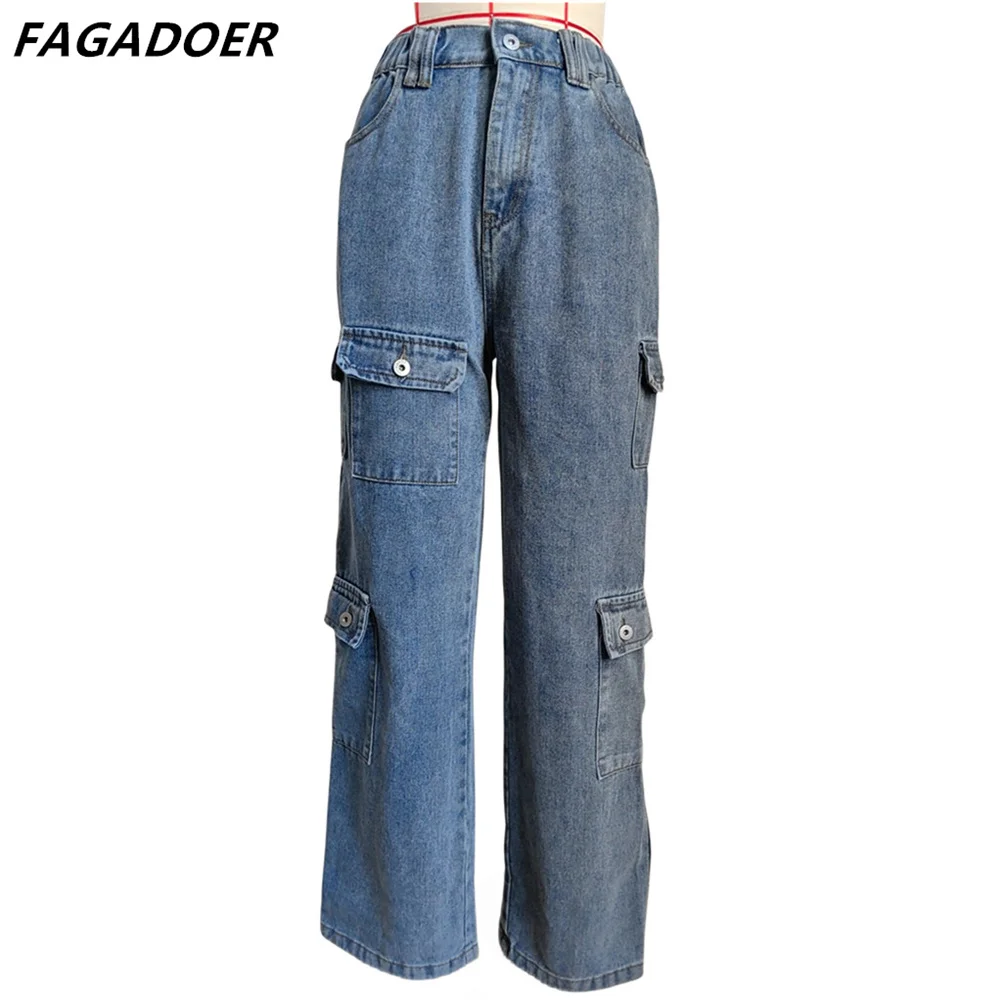 FAGADOER Retro Pockets Cargo Pants Women's Denim Trousers Baggy Y2k 90s Streetwear Straight Casual Pants 2023 Autumn Pantalones