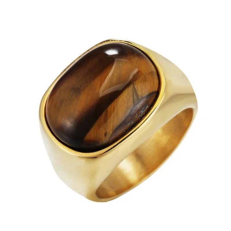

Vintage Gold Silver Tiger Eye Gemstone Titanium Steel Ring Personality Men's Trend