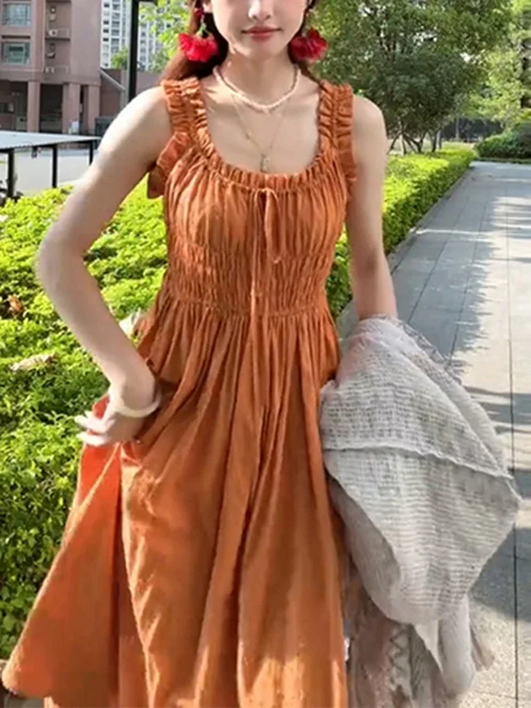 Sweet Elegant French Fashion Woman Dress Simple Chiffon Sleeveless Dresses Female Chicly Summer New Solid Color Slim Women Dress