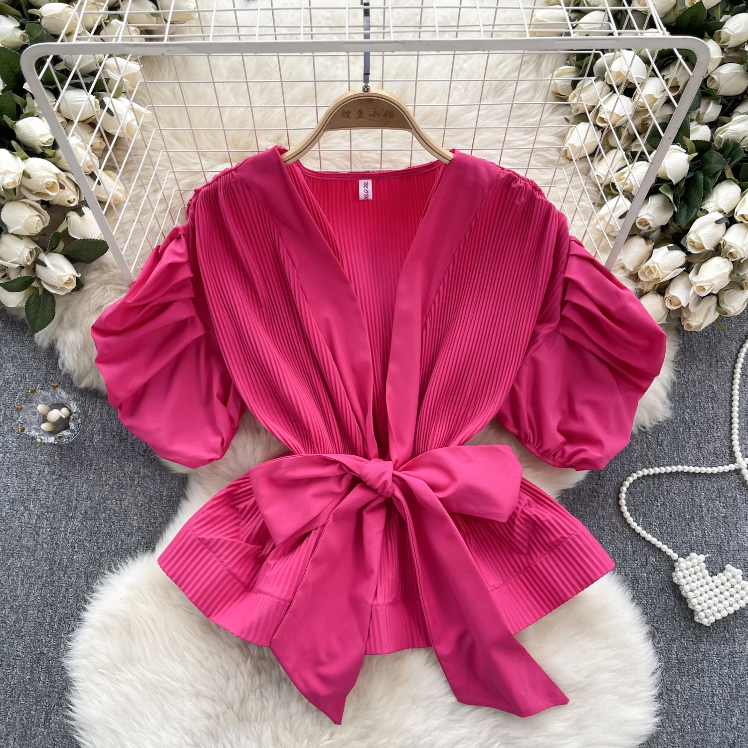 Chic Sweet Ruffle Pleated Puff Long Sleeve V Neck Bow Blouse Elegant French Fashion Sexy Shirt Spring Autumn Women Top