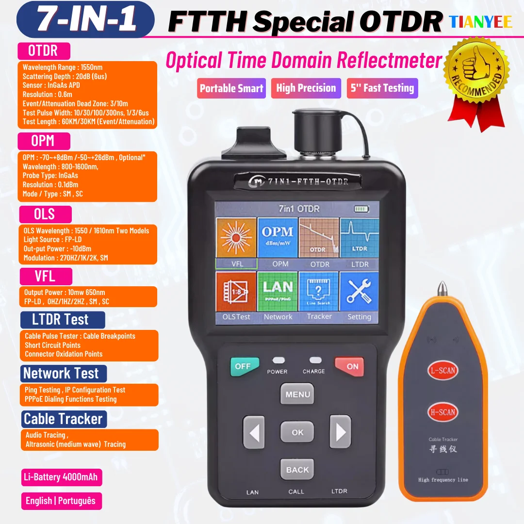 7-IN-1 Pro Mini OTDR Fiber Optic Reflectometer 7 Functions VFL OLS OPM Event Map 60KM Fiber Cable Ethernet Tester