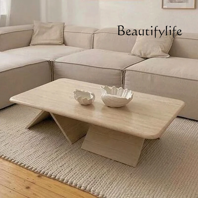 Wabi Sandy Wind Natural Travertine Coffee Table Model Room B & B Villa Long Coffee Table Living Room Coffee Table