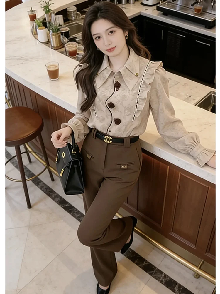 

Korean Style Collar Blouse Women's Spring Autumn New High-End Kaki Color Splicing Shirt Casual Loose Fit Long Sleeve