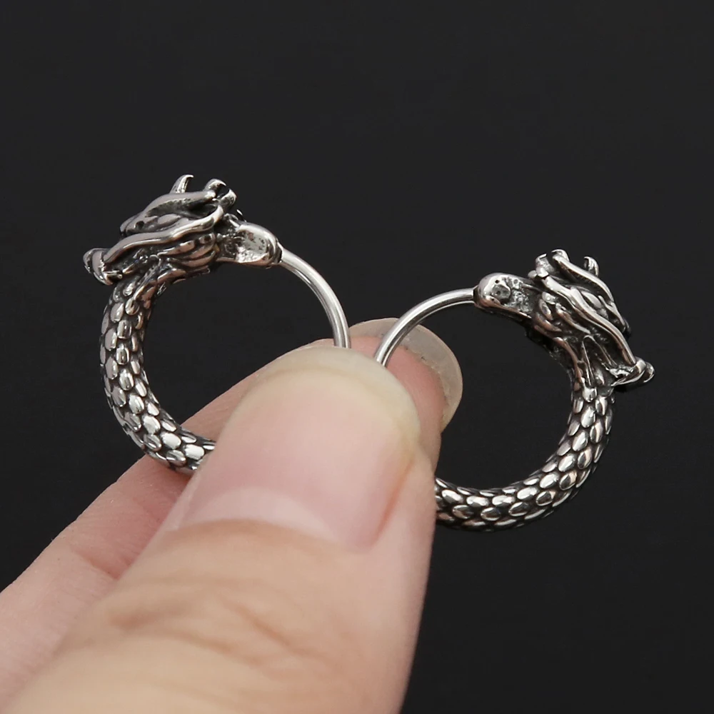 Vintage Stainless Steel Dragon Head Huggie For Men Cool Tranditinal Chinese Style Hoop Earrings Lucky Party Almut Jewelry Gifts