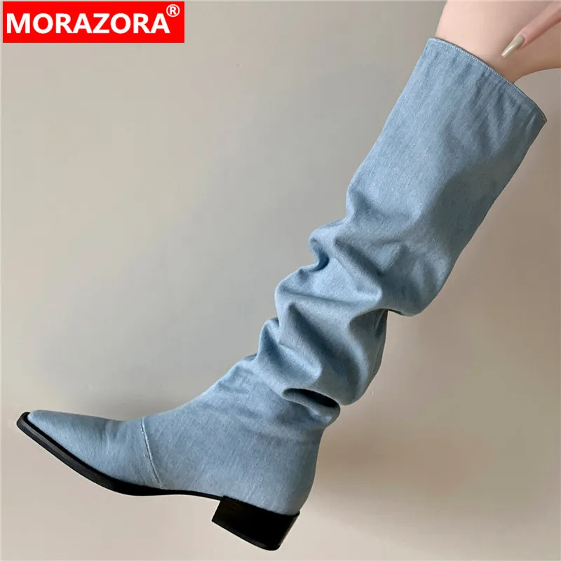 

MORAZORA 2024 New Denim Over The Knee Boots Cool Female Slip On Warm Winter Boots Square Med Heels Women Shoes
