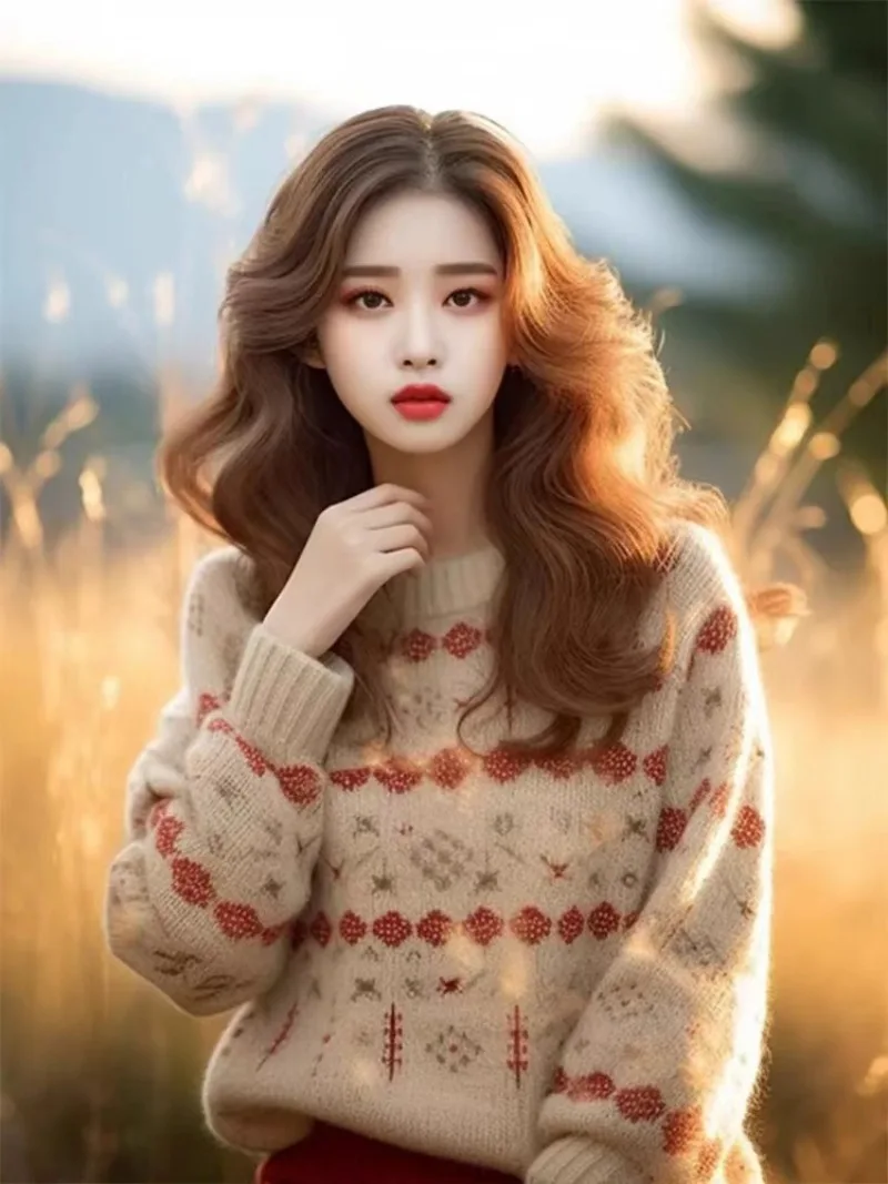 เสื้อสเวตเตอร์ถักไหมพรมผู้หญิง สไตล์เกาหลี เสื้อผ้าฤดูหนาว แฟชั่นหลวมๆ สไตล์ลำลองสำหรับฤดูใบไม้ร่วง เสื้อจั๊มเปอร์ลายแจ็คการ์ด แขนยาว เสื้อพูลโอเวอร์ผู้หญิง