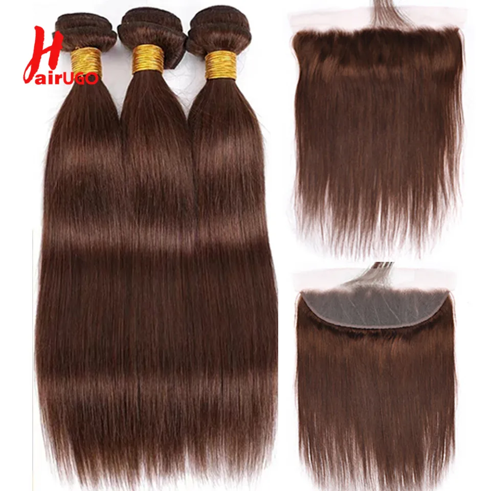 

HairUGo Color 4 Brown Straight Human Hair Bundles With Lace Frontal Remy 13*4 Lace Front With Bundle Weave Extension Brazilian