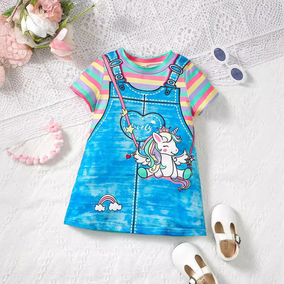 Girls Dresses Summer Girls Cute Unicorn and Rainbow Stripe Print Round Neck Short Sleeve T-Shirt Dress Girls Casual Dresses