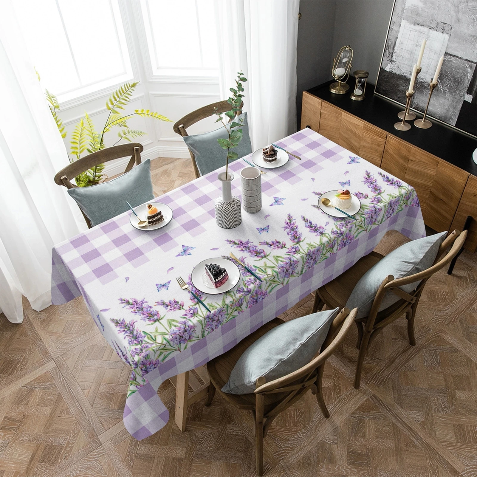 Purple Lavender Flower Butterfly Waterproof Tablecloth Wedding Party Dining Table Rectangular Tablecloth Kitchen Decoration