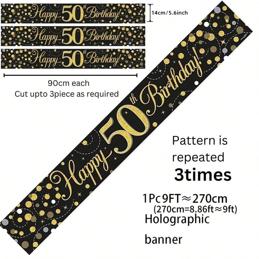 Schwarz-Gold Happy Birthday Banner, 9 Fuß Zuschneidbar mit Glitzerpunkten-Design für 18., 21., 30., 40., 50., 60. Party-Dekoration – Detail 9
