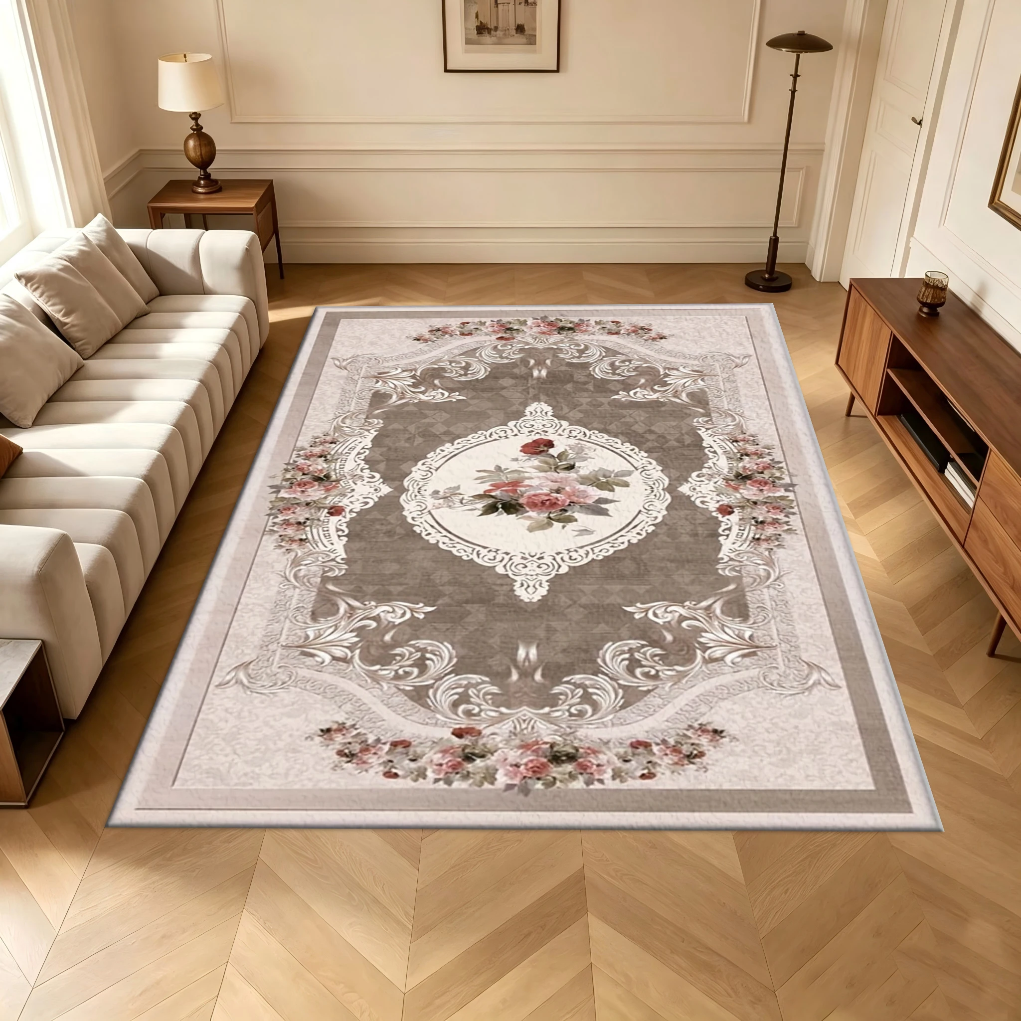 Vintage European Rose Floral Ornate Frame Area Rug Retro Romantic Carpet for Bedroom Living Room