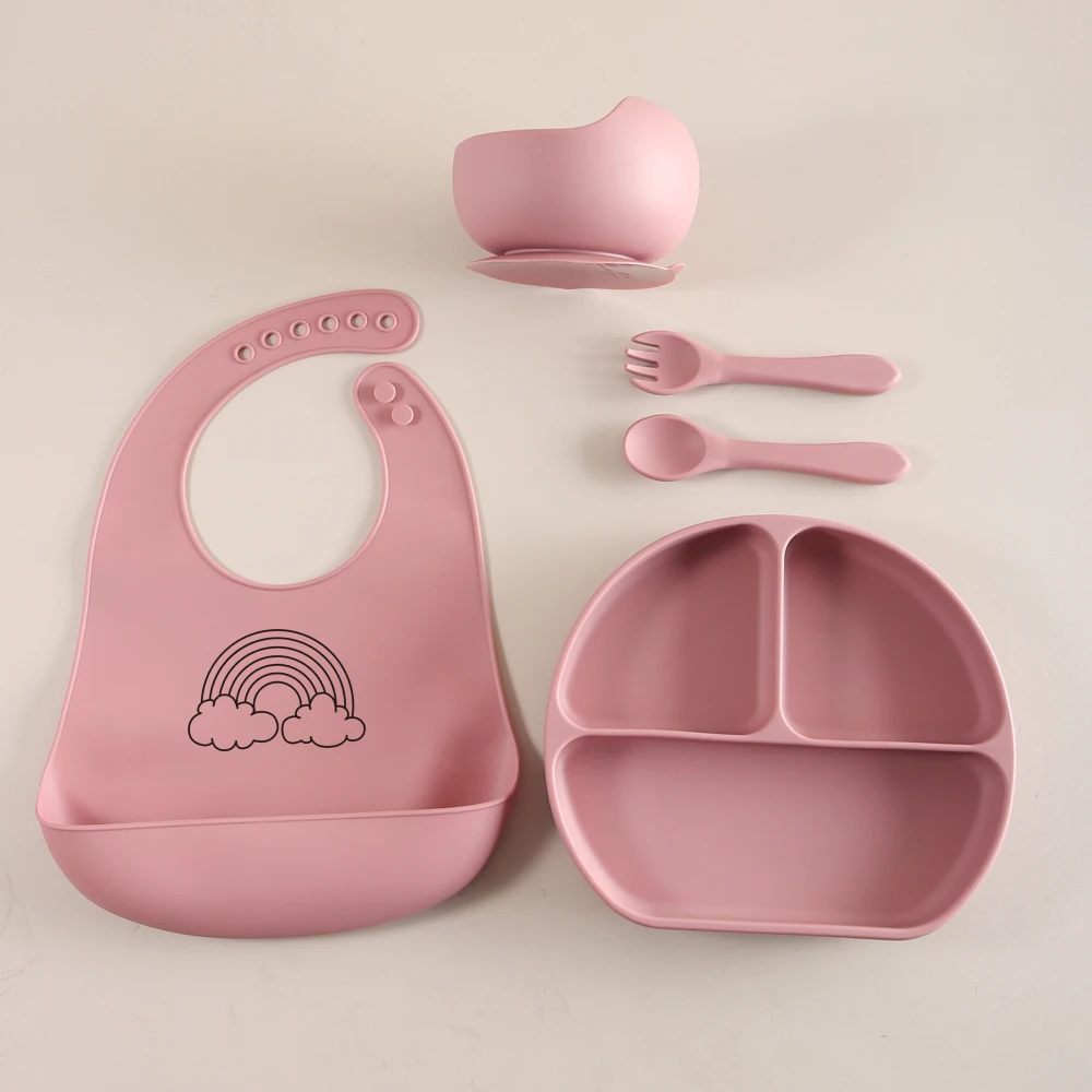 1 set silicone saction bowl plate spoon fork bibs set baby feeding tableware cute cartoon