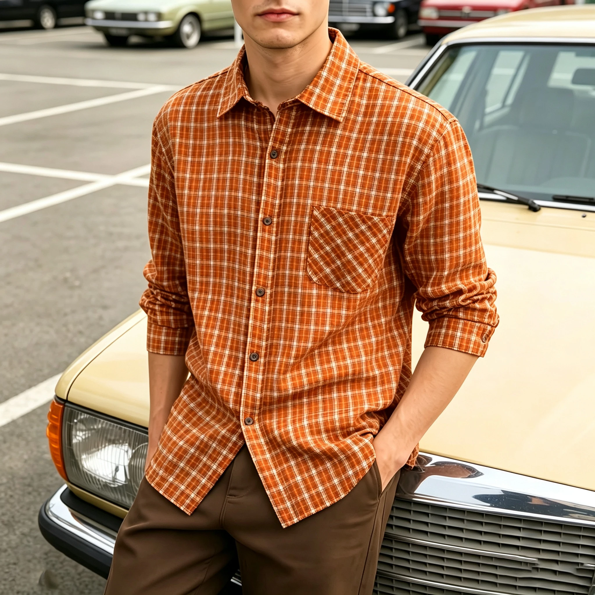 Four sided elastic deep brown fine grid men's loose long sleeved shirt with chest pocket and flip collar casual shirt