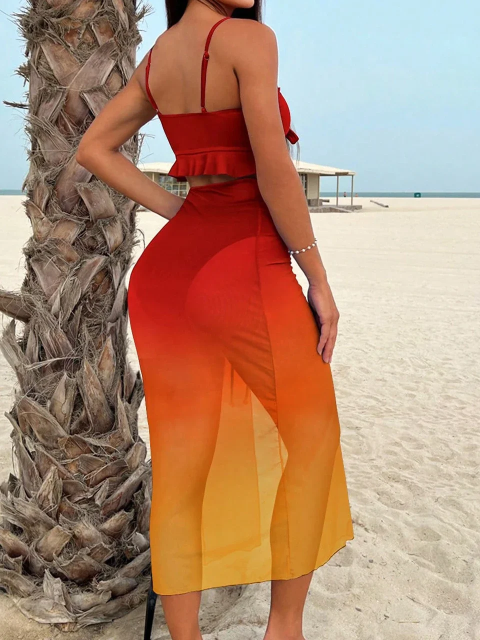 3 قطع التعادل صبغ عقدة الجبهة البيكينيات 2025 النساء كشكش ملابس السباحة الإناث عالية الخصر ملابس السباحة و الرباط تنورة الشاطئ ثوب السباحة