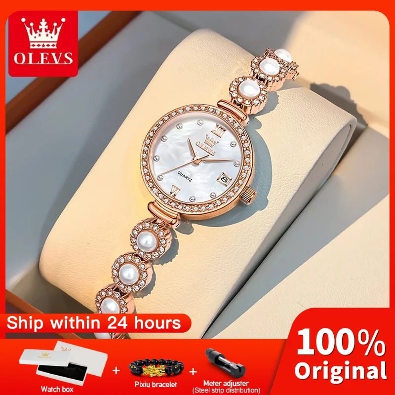 

OLEVS 5635, женские часы, элегантные брендовые кварцевые часы, водонепроницаемые часы с жемчугом, цепочка, хронограф, часы с датой для женщин, оригинальные часы Reloj