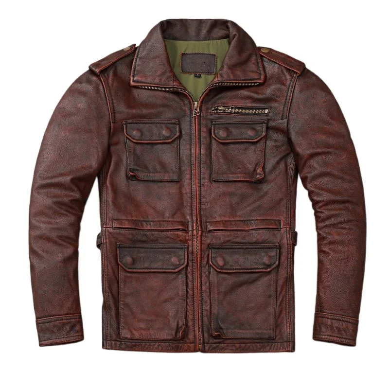 

M65 Hunting Leather Jackets Long Vintage Red Brown Genuine Cowhide Men Leather Jacket Pockets Real Skin Coat Autumn 오토바이