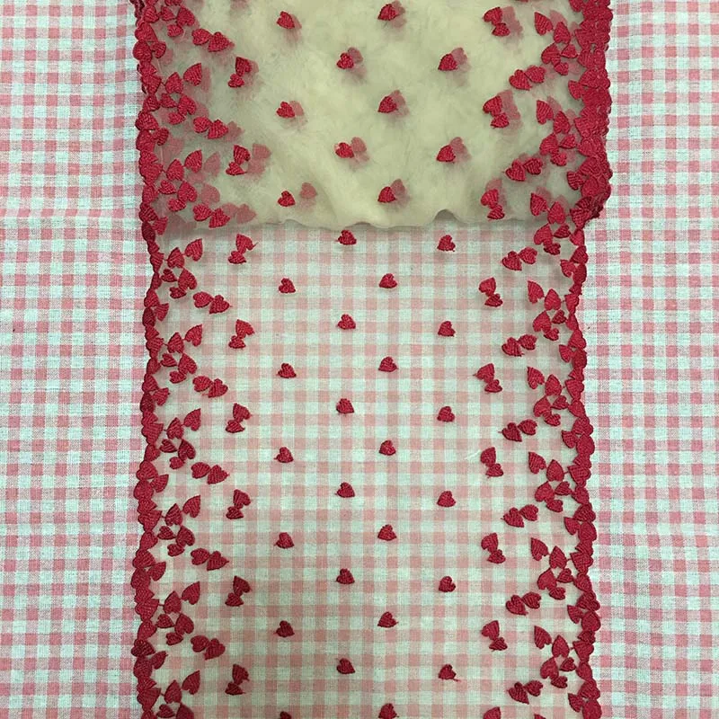 

20 ярдов двусторонние темно-красные сердечки, тюль, кружевная бейка, сделай сам, нижнее белье, ткани для шитья, аксессуары, сетчатое вышитое кружево для бюстгальтера