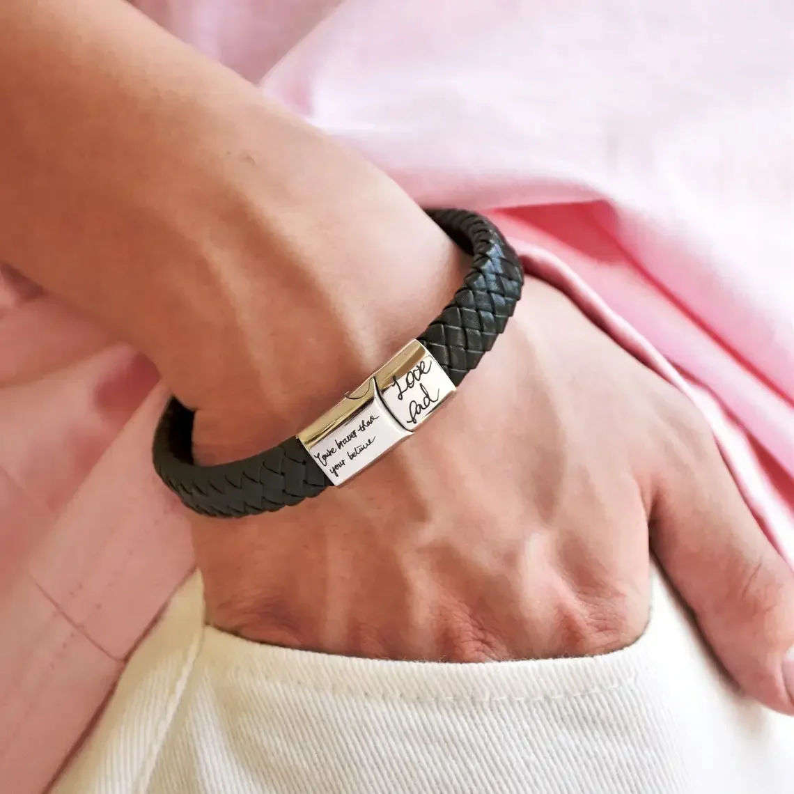 Handwritten Genuine Leather Bracelet Customized Personality Engrave Signature Stainless Steel Magnet Buckle Bangle for Men Women view 5