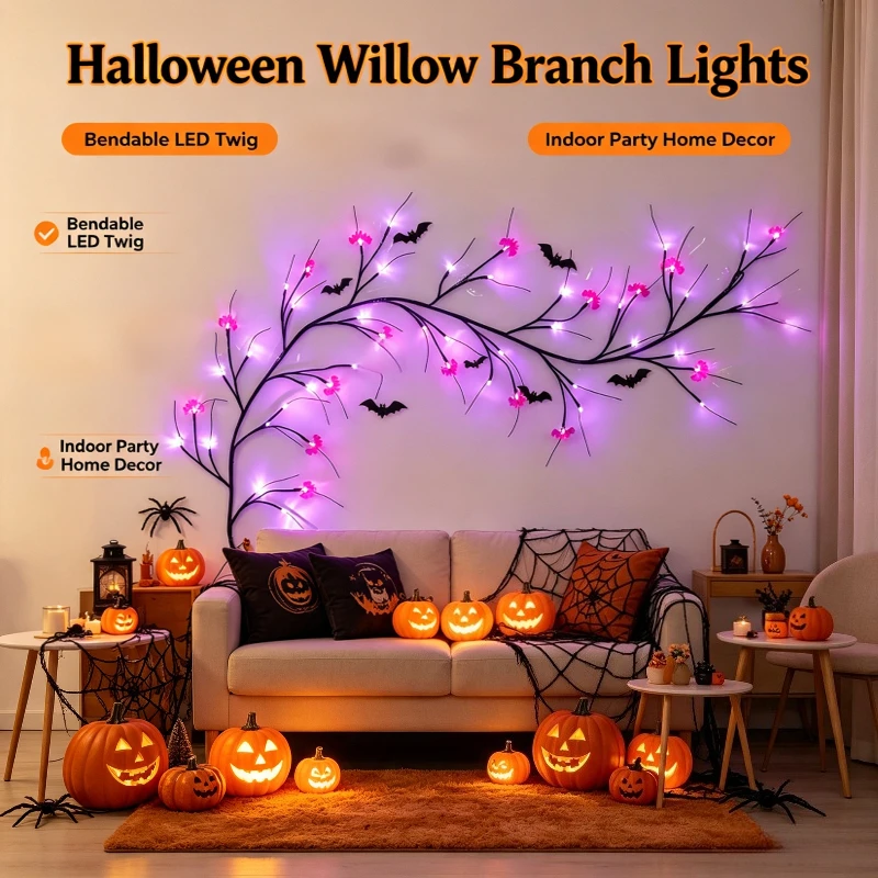 Halloween Willow Branch Lights, Bendable LED Twig Lights with Bat Pumpkin Decor for Indoor Party Home Decoration