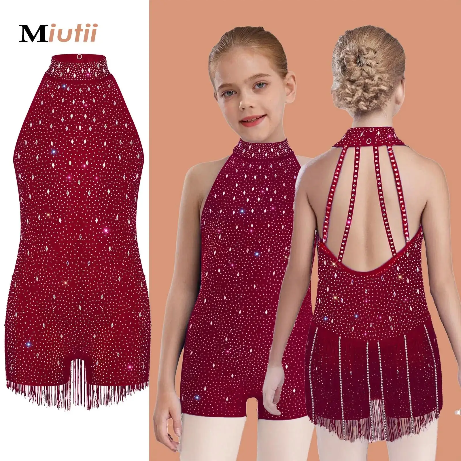 

Girls Tassel Jazz Latin Dance Leotard Performance Costume Halter Backless Rhinestones Fringe Jumpsuit Tango Rumba Dancewear