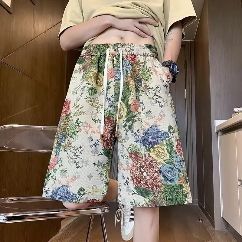 

2024 New Men's ort Pants Rose Floral Print Casual Five-Quarter Length Beachwear Summer Faionable Polyester Fiber Straight...