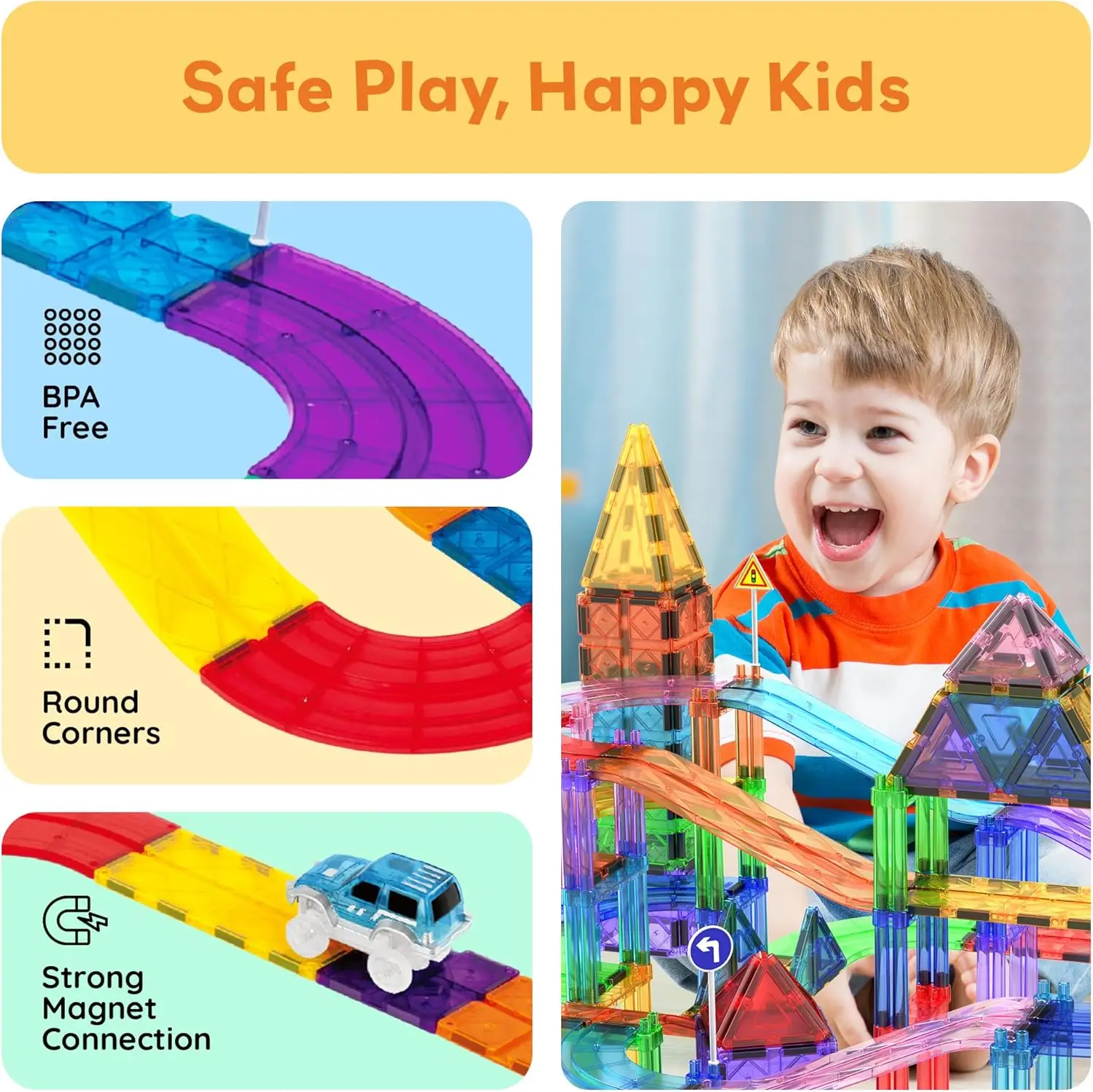 150ピース レースカートラック 組み立てブロック 知育玩具セット マグネットタイル 磁気ブロック プレイセット 4台の車 早期STEM学習セット