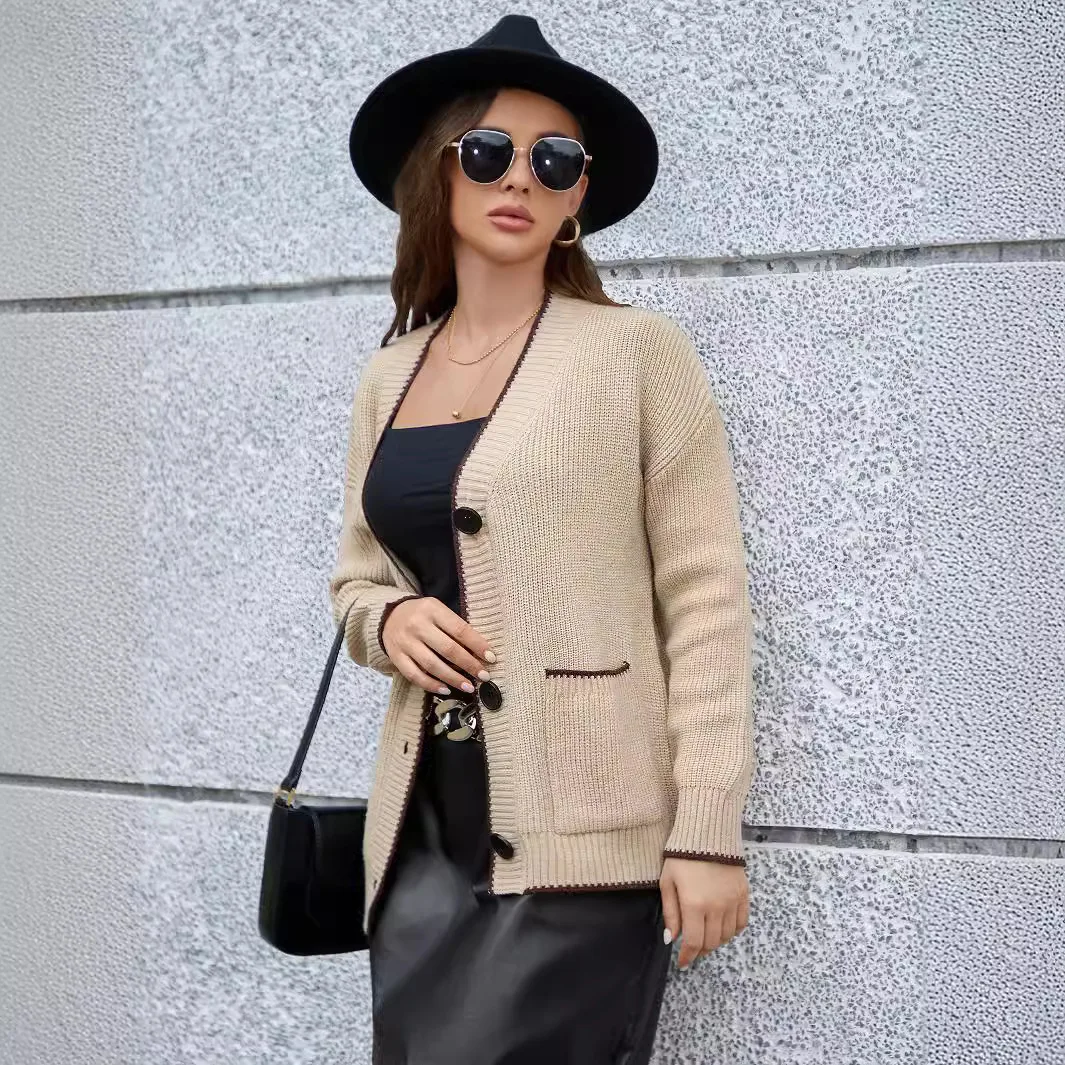 Cardigan camisola de malha feminina único breseted v pescoço casaco sólido manga longa splice jumpers elegante casaco em linha reta outono inverno