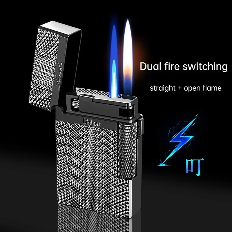 Metal Windproof Gas Lighter, Dual Flame Switching Butane Lighter Men\'s Smoking Accessories Small Tools Gift Lighters