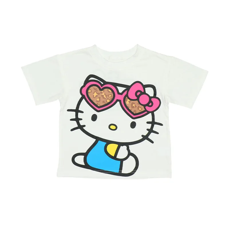 Summer Girl's Print Short-Sleeved Japanese Anime My Melody Kuromi Kids Half-Sleeved Shirt Cinnamoroll Pure Cotton T-Shirt Cute