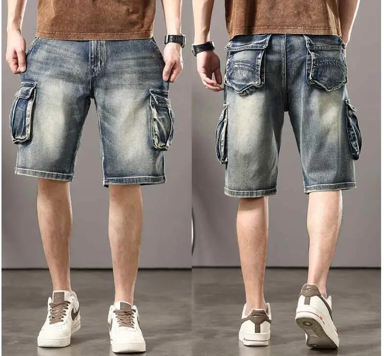 Multi Pocket Denim Shorts Summer Hip Hop Loose Outwear Cargo Half Length Jeans Size 28-44