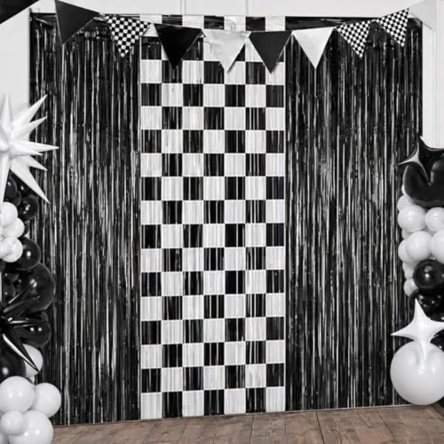 

3 Pack Checkered Fringe Curtains, Race Car Party Decorations Foil Backdrop, Metallic Tinsel Streamers for Birthday, Racing Them
