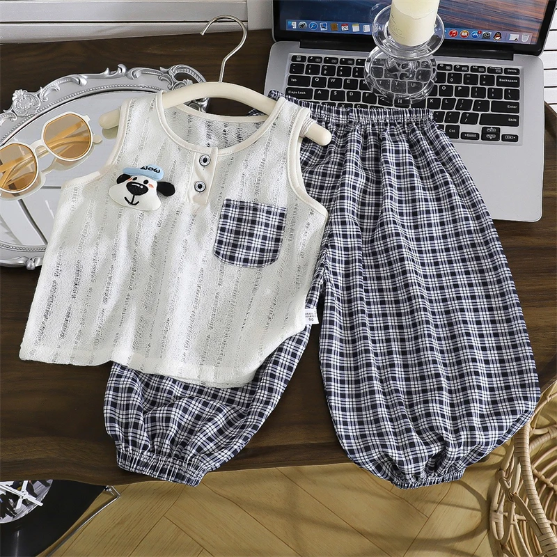 Korean Style Kids Boys Summer Casual Set Breathable Mesh Sleeveless Top + Plaid Lantern Pants 2PCS Cute Cartoon Baby Outfit