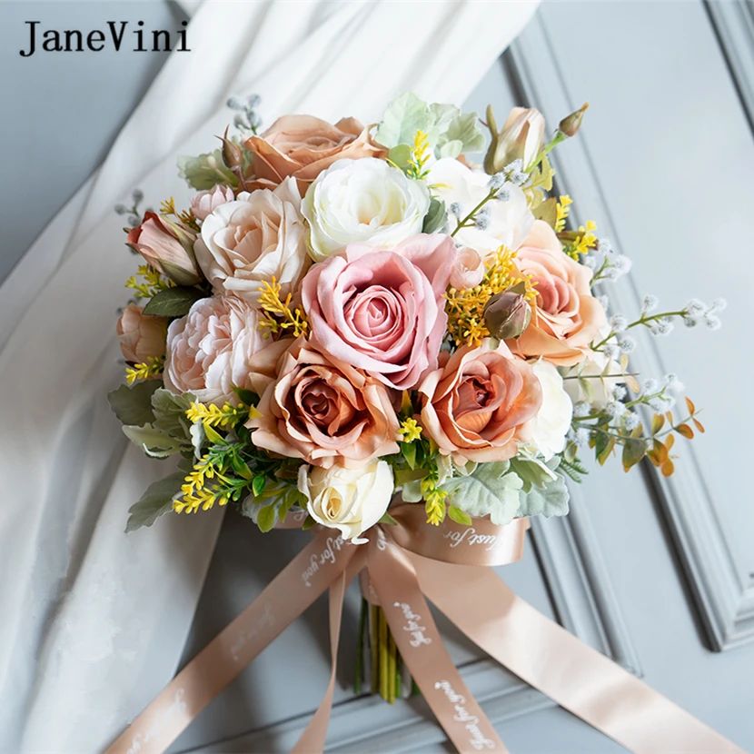 

JaneVini Vintage European Bridal Bouquets Artificial Silk Champagne Roses Flowers Hydrangea Real Touch Fake Wedding Bouquet 2022