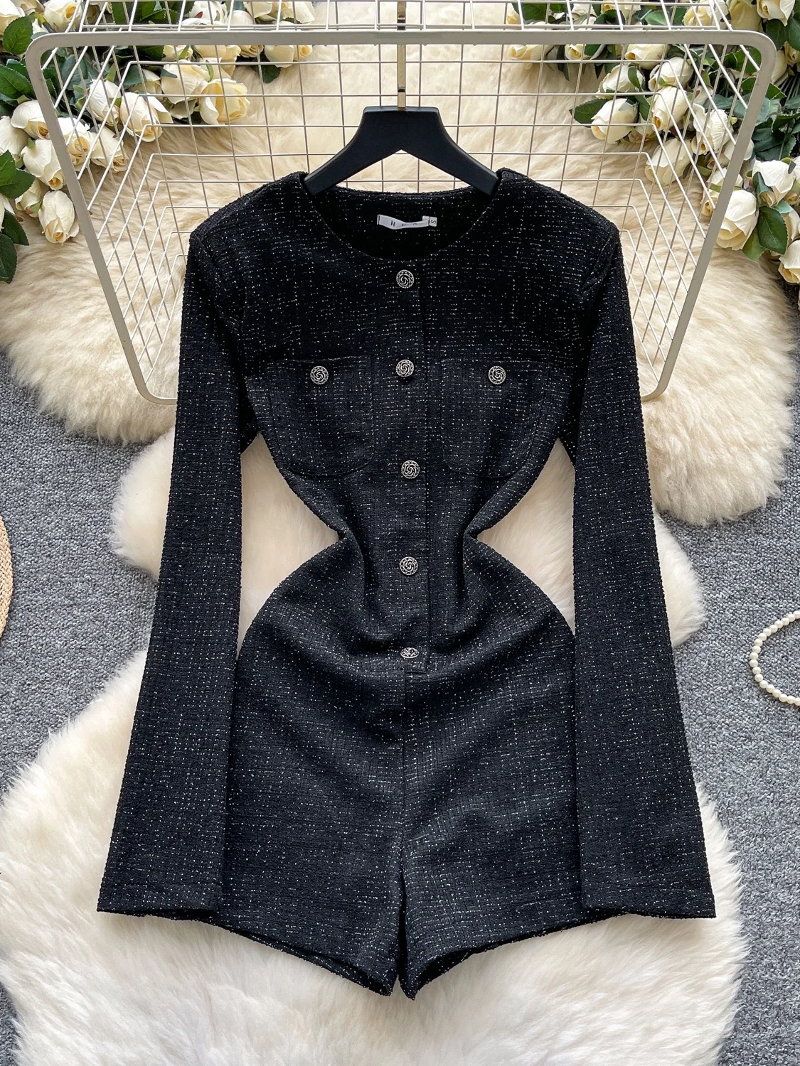  round Ne Long Sve Jumpsuit Women's Autumn Winter Faion Metal Bule Plaid ature Lady Ci Commute Dr