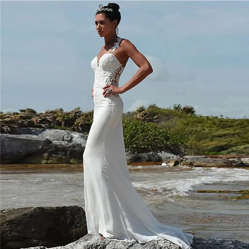 

Elegant Satin Wedding Dresses Sheath Mermaid Sweetheart Bridal Gowns Lace Appliques Sexy Robes Sleeveless Vestidos De Novia 2023