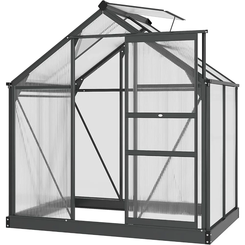 6' x 4' x 6.5' Polycarbonate Greenhouse, Heavy Duty Outdoor Aluminum Walk-in Green House Kit with Rain Gutter