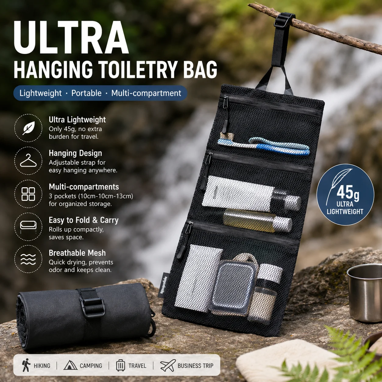 Dyneema Ultralight Hanging Toiletry Bag UHMWPE - 45g, 3-Compartment Waterproof Wash Organizer Storage Bag for Travel & Outdoor