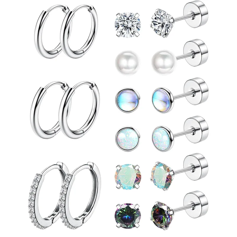 Hypoallergene Ohrstecker aus chirurgischem Stahl, Creolen-Set, Creolen, Tragus-Knorpel-Piercing, flache Rückseite, Ohrring für Damenschmuck – Detail 6