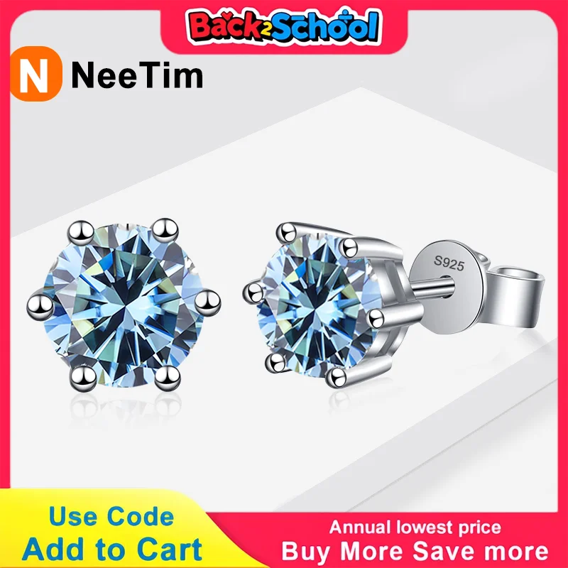NeeTim 0.5ct 1ct 2ct Moissanite Stud Earrings for Women 925 Sterling Silver Green Pink Black Blue Grey Sparkling Studs Earring